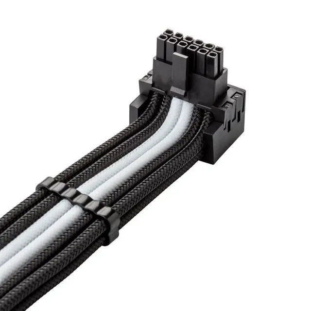 Alt view image 2 of 3 - E-Series Pro ModMesh Sleeved 12V-2x6 12VHPWR 90° StealthSense PCIe Cable for EVGA G/G+ / P/P+ / T - Variant B (Black + White, 16-pin to Quad 8-pin, 60cm)