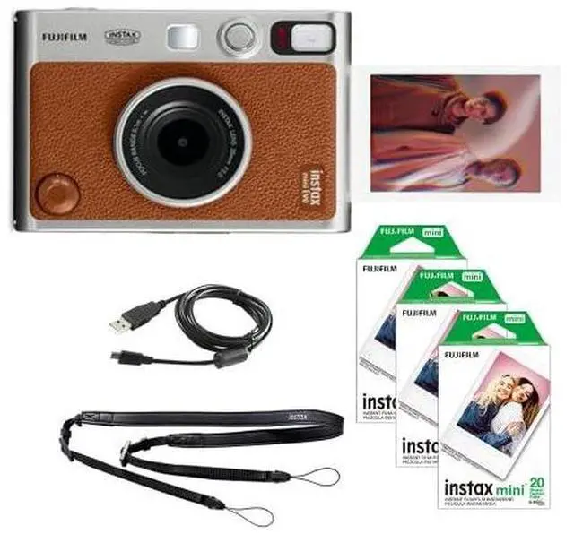 Main image of INSTAX Mini EVO Hybrid Instant Camera | Brown Bundle with Instax Mini Instant Film | 60 Exposures + Microfiber Cleaning Cloth (3 Items)