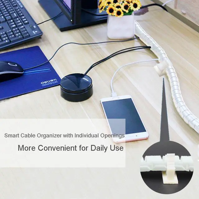 Alt view image 5 of 6 - White Cable Organizer Cord Wire Cover Hider Sleeve Management 2 PCS, Clutter Free Coiled Tube Wire Concealer with Cable Tie Clips System for TV PC Computer Home Entertainment Wall