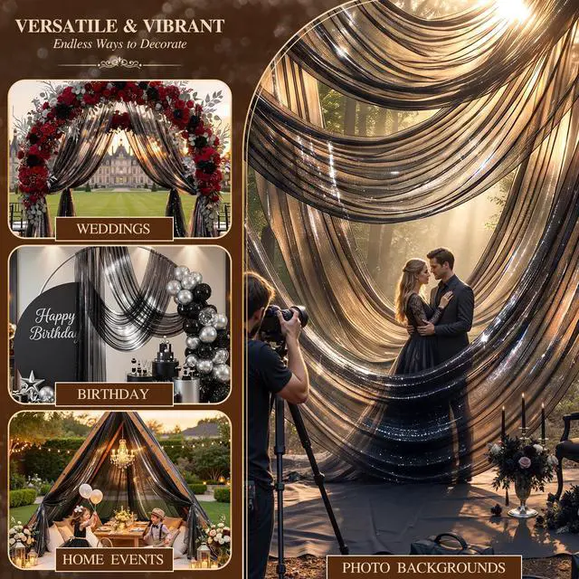 Alt view image 4 of 7 - Wedding Arch Draping Fabric 28" x19FT Black Shimmery Sheer Fabric Drapes 2 Panels Arch Backdrop Curtains for Wedding Decor Ceremony Birthday Party Baby Shower Home Decoration