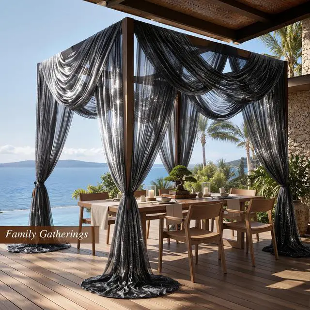 Alt view image 6 of 7 - Wedding Arch Draping Fabric 28" x19FT Black Shimmery Sheer Fabric Drapes 2 Panels Arch Backdrop Curtains for Wedding Decor Ceremony Birthday Party Baby Shower Home Decoration