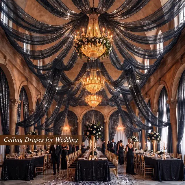 Alt view image 7 of 7 - Wedding Arch Draping Fabric 28" x19FT Black Shimmery Sheer Fabric Drapes 2 Panels Arch Backdrop Curtains for Wedding Decor Ceremony Birthday Party Baby Shower Home Decoration
