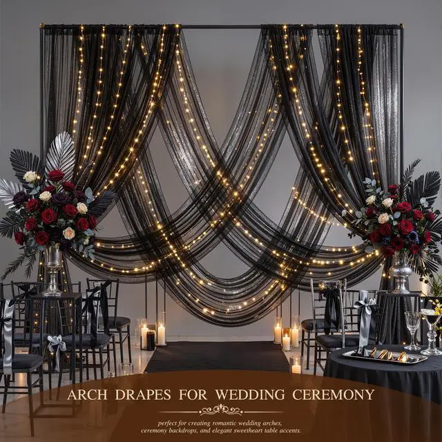 Alt view image 5 of 7 - Wedding Arch Draping Fabric 28" x19FT Black Shimmery Sheer Fabric Drapes 2 Panels Arch Backdrop Curtains for Wedding Decor Ceremony Birthday Party Baby Shower Home Decoration