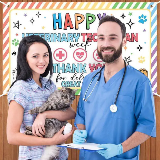 Alt view image 5 of 5 - Vet Tech Week Decorations Banner Party Backdrop Gifts Bulk | 70.8x43.3 Inch Thank You for All You Do We Appreciate You Sign Wall Supplies Photography Background Photo Booth Prop