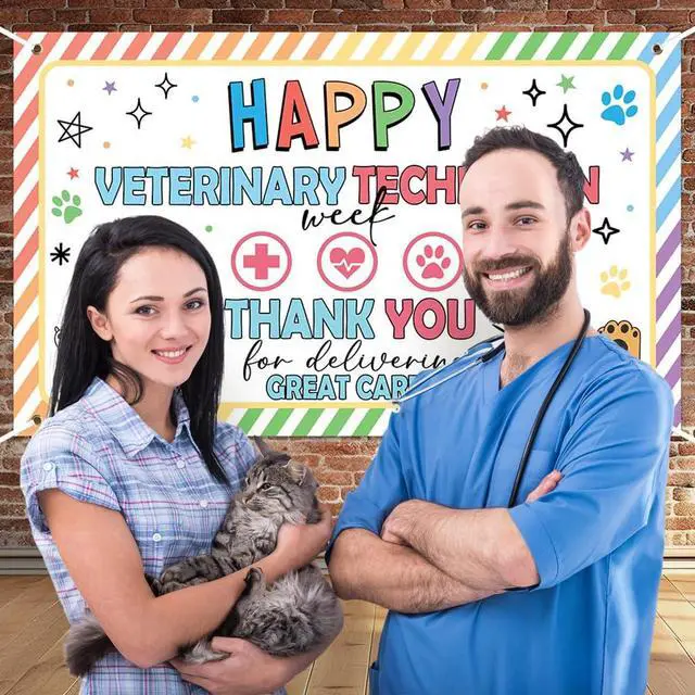 Alt view image 4 of 5 - Vet Tech Week Decorations Banner Party Backdrop Gifts Bulk | 70.8x43.3 Inch Thank You for All You Do We Appreciate You Sign Wall Supplies Photography Background Photo Booth Prop