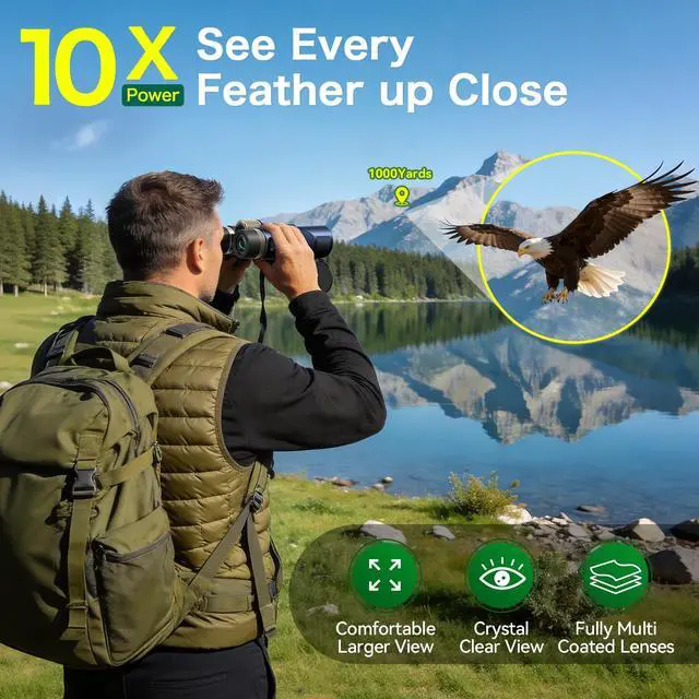Alt view image 2 of 7 - 10x42 HD Binoculars for Adults, BAK4 Prism for Bird Watching & Cruise | High-Powered Optics with 23mm Large Eyepiece, Low-Light Vision, Easy Focus, IPX7 Waterproof for Hunting, Travel