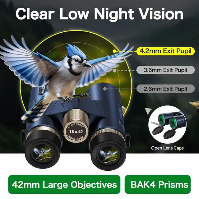 Alt view image 4 of 7 - 10x42 HD Binoculars for Adults, BAK4 Prism for Bird Watching & Cruise | High-Powered Optics with 23mm Large Eyepiece, Low-Light Vision, Easy Focus, IPX7 Waterproof for Hunting, Travel