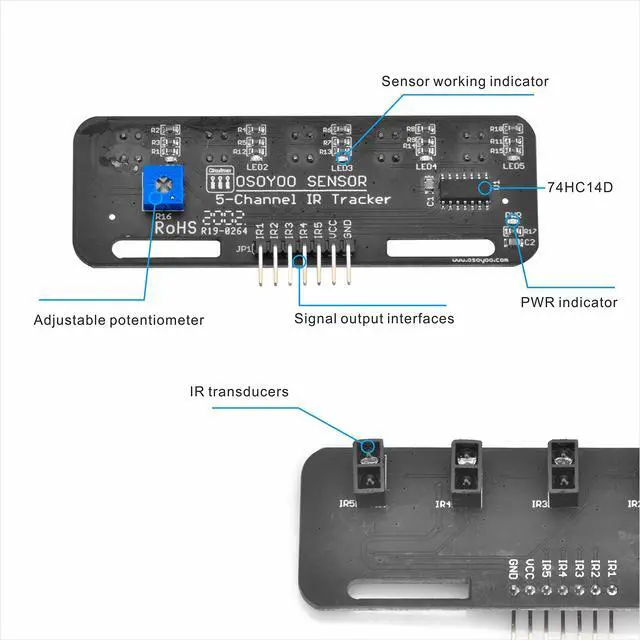 Alt view image 5 of 7 - Infrared Line Tracking Sensor Module + 7 Pin 25cm Female to Female Jumper Wire, 5-Channel Infrared IR Line Reflection Tracker Sensor 3.3V-5V, Smart Car Black White Line Detection Tracing