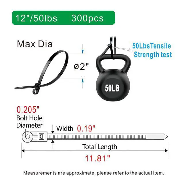 Alt view image 2 of 7 - Black Zip Ties with Screw Hole 50lbs Mountable head Cable Ties Straps Multipurpose Heavy Duty Nylon Cable Zip Ties with Screw Mounting Hole (300, black, 12 inch)