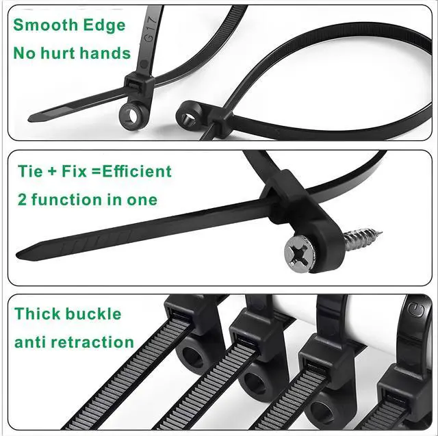 Alt view image 3 of 7 - Black Zip Ties with Screw Hole 50lbs Mountable head Cable Ties Straps Multipurpose Heavy Duty Nylon Cable Zip Ties with Screw Mounting Hole (300, black, 12 inch)