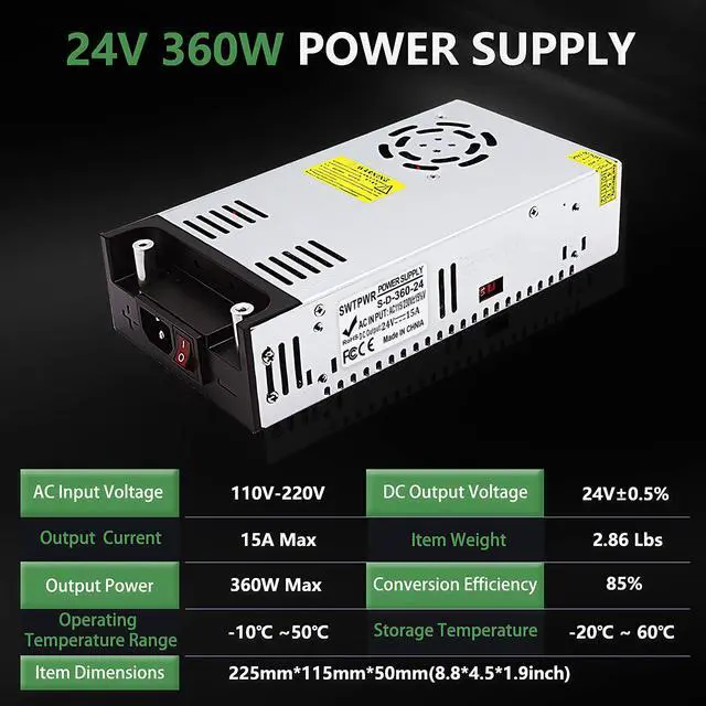 Alt view image 2 of 7 - 110V AC to DC 24V Converter 120V to 24V 15A 360W Power Supply | 15A 360W Switching Power Supply for LED Strip Motor Pump CCTV Camera System Car Stereo 3D Printer