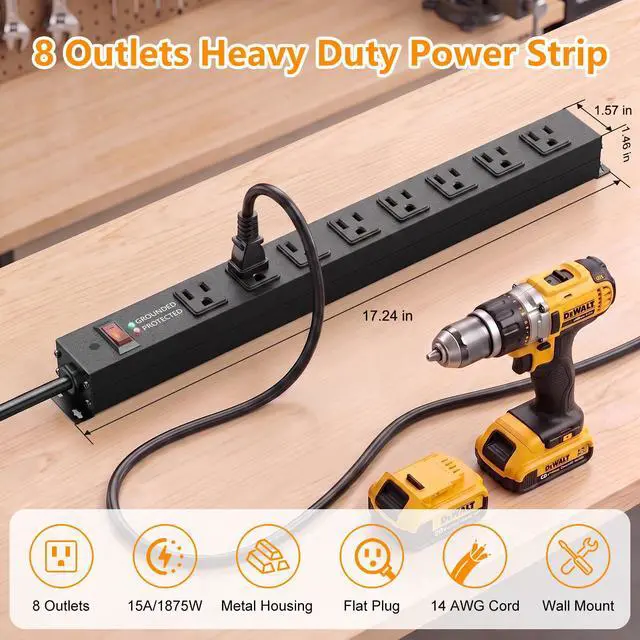 Alt view image 3 of 7 - Heavy Duty 8 Outlets Metal Surge Protector Power Strip 2000J, 6FT | Wall Mount, 1.6In Wide Spacing, Flat Plug, Black, 15A/1875W, 14AWG Cord for Garage Workshop Home Office