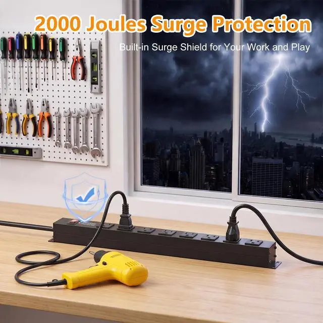 Alt view image 2 of 7 - Heavy Duty 8 Outlets Metal Surge Protector Power Strip 2000J, 6FT | Wall Mount, 1.6In Wide Spacing, Flat Plug, Black, 15A/1875W, 14AWG Cord for Garage Workshop Home Office