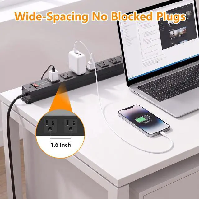 Alt view image 4 of 7 - Heavy Duty 8 Outlets Metal Surge Protector Power Strip 2000J, 6FT | Wall Mount, 1.6In Wide Spacing, Flat Plug, Black, 15A/1875W, 14AWG Cord for Garage Workshop Home Office