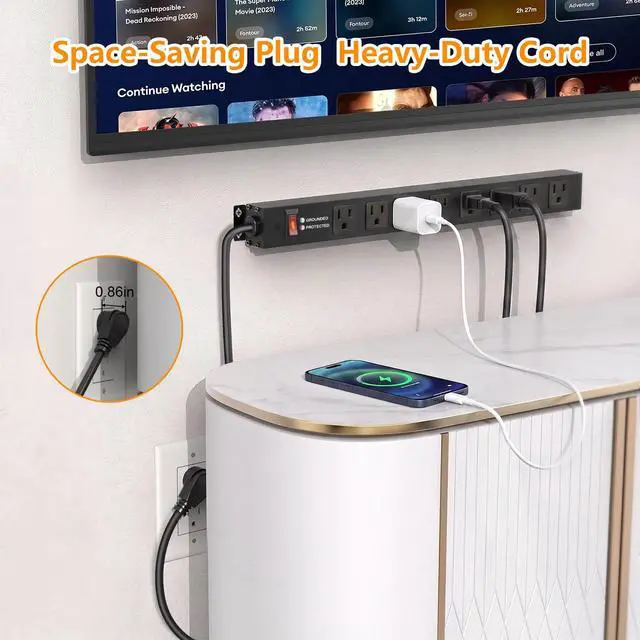 Alt view image 6 of 7 - Heavy Duty 8 Outlets Metal Surge Protector Power Strip 2000J, 6FT | Wall Mount, 1.6In Wide Spacing, Flat Plug, Black, 15A/1875W, 14AWG Cord for Garage Workshop Home Office