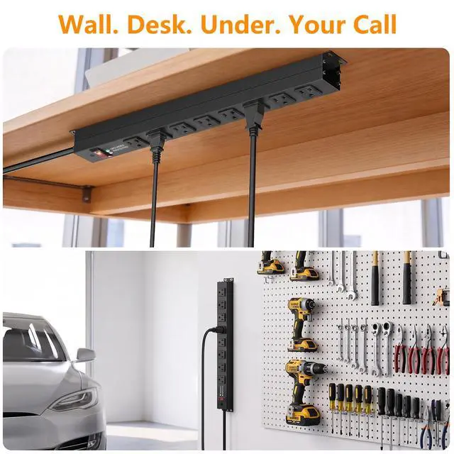 Alt view image 7 of 7 - Heavy Duty 8 Outlets Metal Surge Protector Power Strip 2000J, 6FT | Wall Mount, 1.6In Wide Spacing, Flat Plug, Black, 15A/1875W, 14AWG Cord for Garage Workshop Home Office