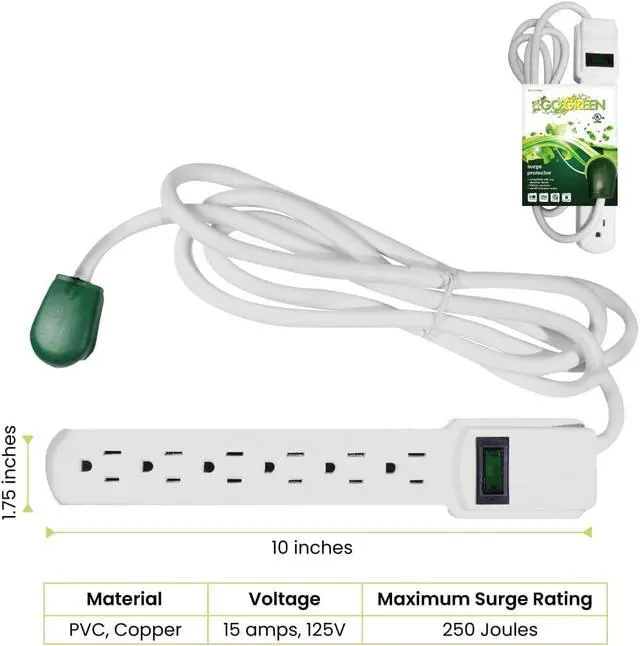 Alt view image 2 of 7 - GoGreen Power Inc. (G-16106MS-2) 6 Outlet Surge Protector, 6FT Cord, White, 2 Pack