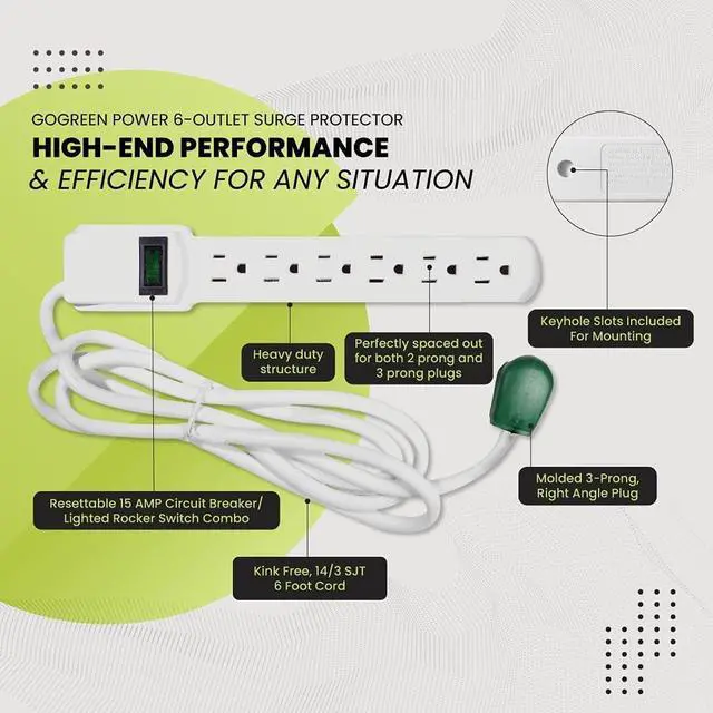 Alt view image 5 of 7 - GoGreen Power Inc. (G-16106MS-2) 6 Outlet Surge Protector, 6FT Cord, White, 2 Pack