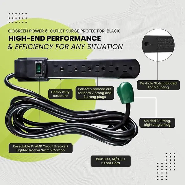 Alt view image 5 of 7 - GoGreen Power Inc. (G-16106MSBK-2) 6 Outlet Surge Protector, 6FT Cord, Black, 2 Pack