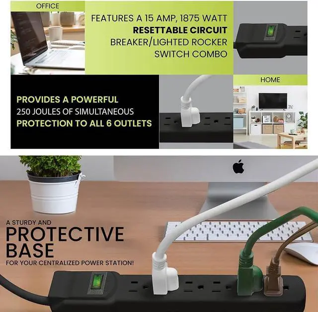 Alt view image 7 of 7 - GoGreen Power Inc. (G-16106MSBK-2) 6 Outlet Surge Protector, 6FT Cord, Black, 2 Pack