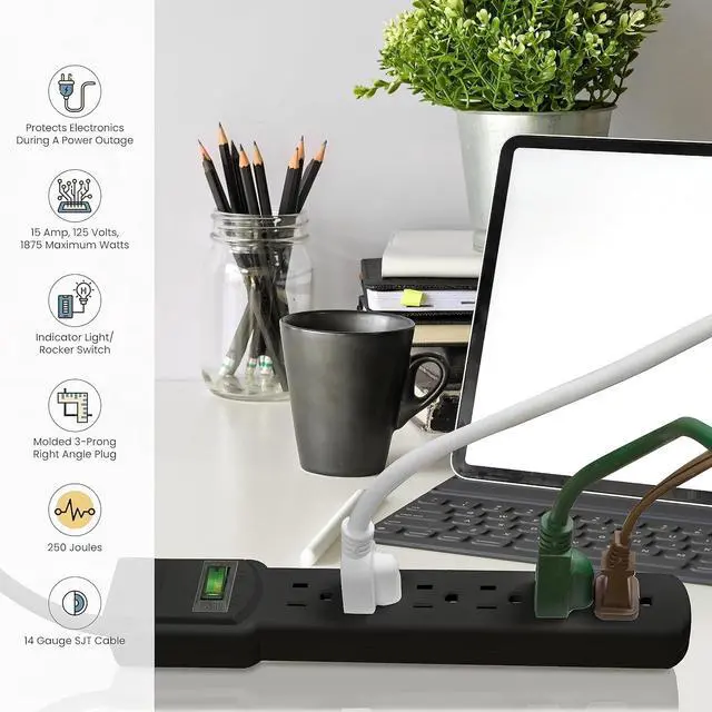 Alt view image 6 of 7 - GoGreen Power Inc. (G-16106MSBK-2) 6 Outlet Surge Protector, 6FT Cord, Black, 2 Pack
