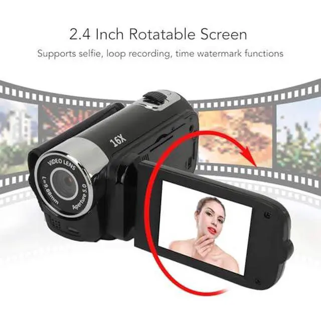 Alt view image 7 of 7 - D90 1080P 16MP Digital Video Camera Rotatable Screen Handheld Camcorder 16X Digital Zoom HD Video Recorder Fill Light Camera with 2.4in TFT Rotatable Screen, HD Video Recorder with Fill Light (Black)