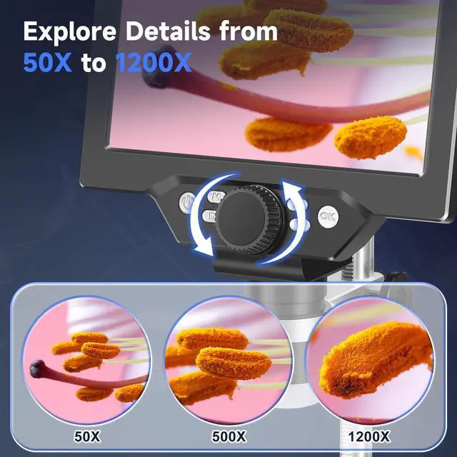 Alt view image 3 of 7 - Digital Microscope 50-1200X with 7" LCD Screen for Coins & Soldering | 12MP Photo Capture 1080P Video Recording Stable Metal Stand Adjustable LED Lighting Windows PC Compatible