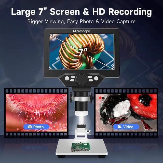 Alt view image 2 of 7 - Digital Microscope 50-1200X with 7" LCD Screen for Coins & Soldering | 12MP Photo Capture 1080P Video Recording Stable Metal Stand Adjustable LED Lighting Windows PC Compatible