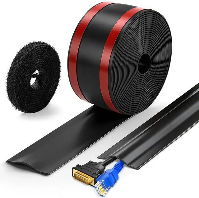 Main image of 16.4ft Cable Protector, Self-Adhesive Floor Cord Cover for Home Office | Flexible PVC Cord Covers, Cut-to-Fit, Safe for Carpet & Hard Floors Hide Cords & Prevent Tripping