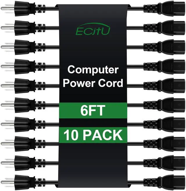 Main image of 6FT Computer Replacement Power Cord (10 Pack), 3 Prong AC Power Cable, NEMA 5-15P to IEC13, 18 AWG, 10A 110V-300V(MAX), AC Power Cord for TV, Computer, Monitor, Appliance, Desktop, Scanner, Printer