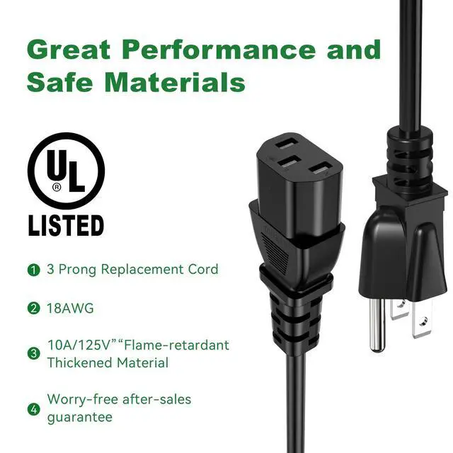 Alt view image 5 of 6 - 6FT Computer Replacement Power Cord (10 Pack), 3 Prong AC Power Cable, NEMA 5-15P to IEC13, 18 AWG, 10A 110V-300V(MAX), AC Power Cord for TV, Computer, Monitor, Appliance, Desktop, Scanner, Printer