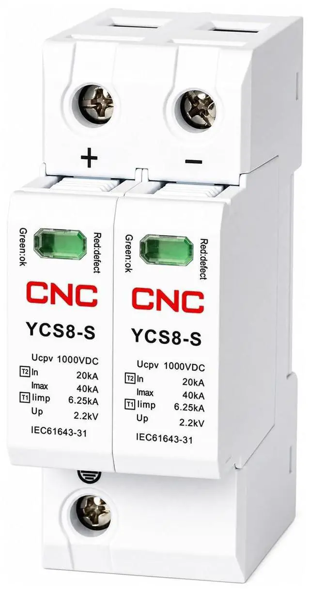 Main image of 2PCS DC SPD Surge Protector for 100V-1000V PV Systems, 2-Pole 40kA T1+T2 Level, Replaceable Module, Solar Panel Lightning Protection, Overvoltage Protection (DC 1000V 2PCS)