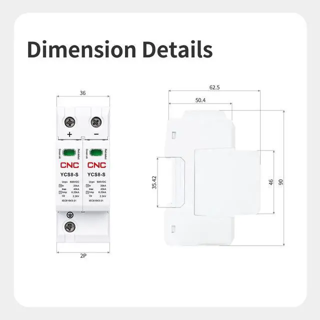 Alt view image 3 of 6 - 2PCS DC SPD Surge Protector for 100V-1000V PV Systems, 2-Pole 40kA T1+T2 Level, Replaceable Module, Solar Panel Lightning Protection, Overvoltage Protection (DC 1000V 2PCS)