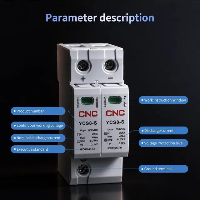 Alt view image 5 of 6 - 2PCS DC SPD Surge Protector for 100V-1000V PV Systems, 2-Pole 40kA T1+T2 Level, Replaceable Module, Solar Panel Lightning Protection, Overvoltage Protection (DC 1000V 2PCS)