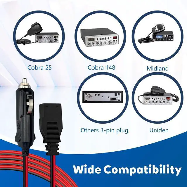 Alt view image 2 of 7 - 2 Pack CB Radio Power Cord, 3 Pin Plug Cable with 12V Cigarette Lighter | CB Power Cord Compatible with Cobra Uniden Midland Mobile Radios, 2-Wire 15A Fused Replacement Cable and Radio Accessory