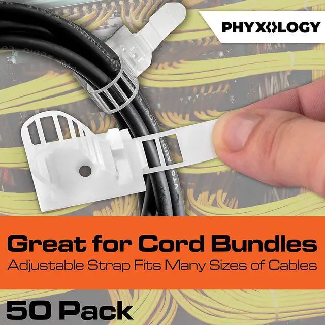 Alt view image 4 of 6 - Pro-Grade, Adhesive-Backed Cable Straps 50 Pack. High-Strength, White Clamps for Electrical Wire Management and Organization. Tool-Free Installation for Home Or Office. Screw-Mount for Permanent Hold
