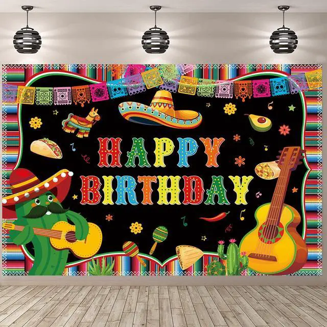 Main image of Mexican Happy Birthday Backdrop 8x6FT Cinco De Mayo Carnival Banner Background Colorful Flags Floral Cactus Mexican Fiesta Party Decorations Photography Supplies