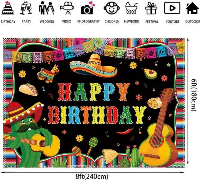 Alt view image 6 of 7 - Mexican Happy Birthday Backdrop 8x6FT Cinco De Mayo Carnival Banner Background Colorful Flags Floral Cactus Mexican Fiesta Party Decorations Photography Supplies