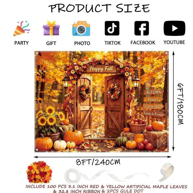 Alt view image 2 of 6 - Fall Photo Backdrop 8×6ft, Thanksgiving Autumn Party Scene Photo Background | with 100 Pcs 3.1 Inch Red & Yellow Artificial Maple Leaves for Autumn Thanksgiving Photo Backdrop Fall Party Decoration