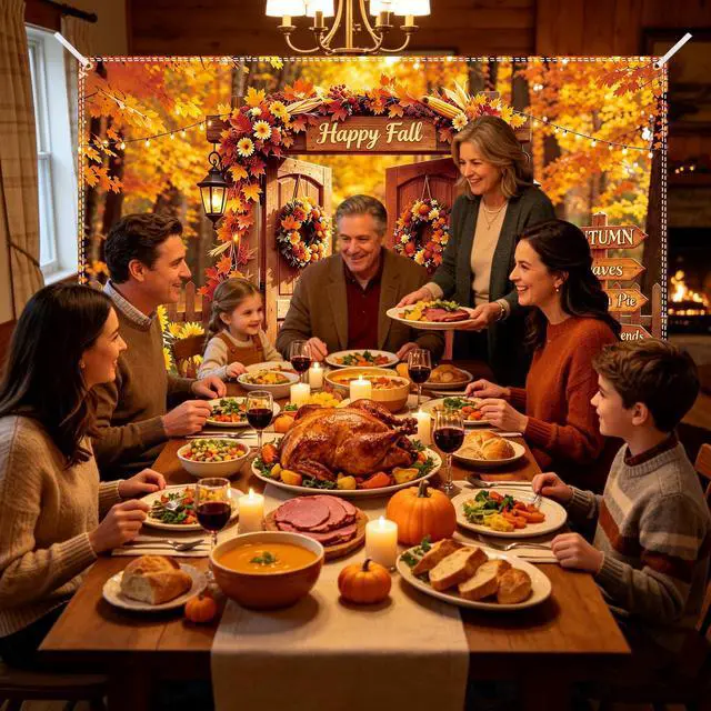 Alt view image 6 of 6 - Fall Photo Backdrop 8×6ft, Thanksgiving Autumn Party Scene Photo Background | with 100 Pcs 3.1 Inch Red & Yellow Artificial Maple Leaves for Autumn Thanksgiving Photo Backdrop Fall Party Decoration