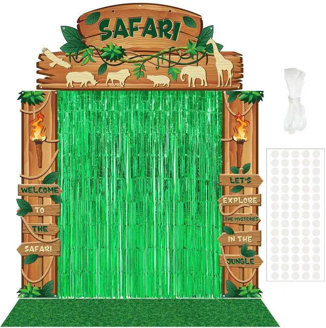 Main image of 7 Pcs Safari Jungle Party Decor, Entryway Decor Photo Background | Rainforest Themed Party Porch Banners, Green Rug, Green Foil Fringe Backdrop Curtains, for Wild Animals Birthday
