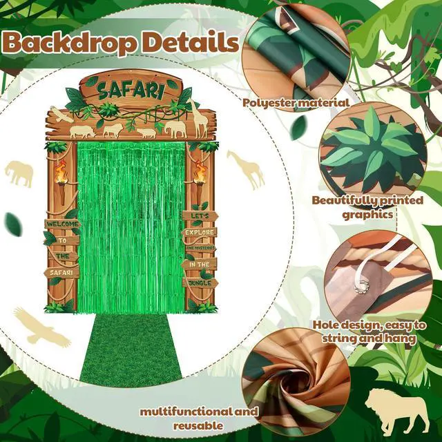 Alt view image 3 of 6 - 7 Pcs Safari Jungle Party Decor, Entryway Decor Photo Background | Rainforest Themed Party Porch Banners, Green Rug, Green Foil Fringe Backdrop Curtains, for Wild Animals Birthday