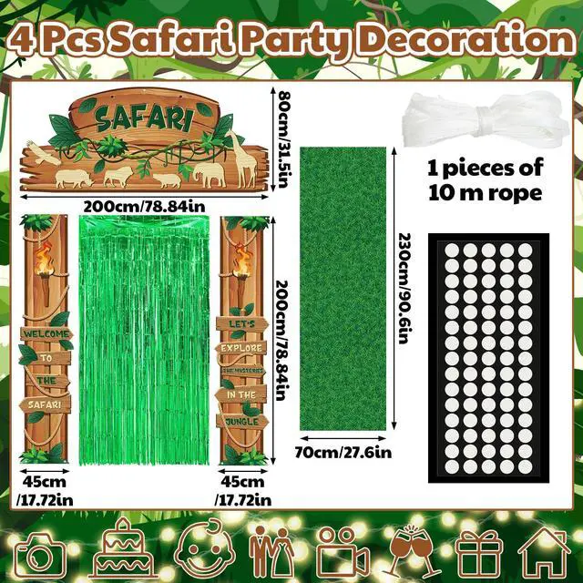 Alt view image 2 of 6 - 7 Pcs Safari Jungle Party Decor, Entryway Decor Photo Background | Rainforest Themed Party Porch Banners, Green Rug, Green Foil Fringe Backdrop Curtains, for Wild Animals Birthday