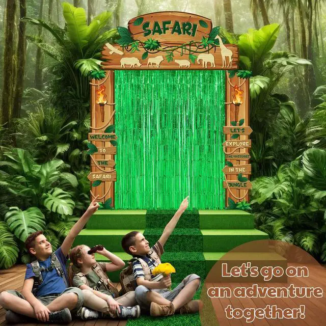 Alt view image 4 of 6 - 7 Pcs Safari Jungle Party Decor, Entryway Decor Photo Background | Rainforest Themed Party Porch Banners, Green Rug, Green Foil Fringe Backdrop Curtains, for Wild Animals Birthday