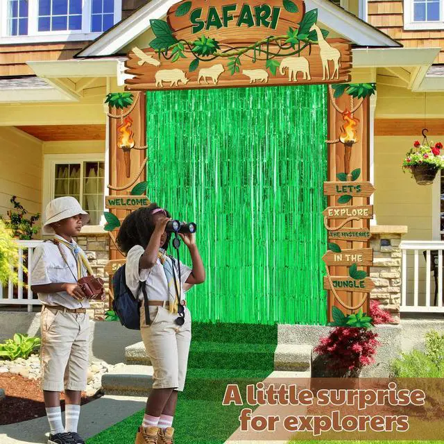 Alt view image 6 of 6 - 7 Pcs Safari Jungle Party Decor, Entryway Decor Photo Background | Rainforest Themed Party Porch Banners, Green Rug, Green Foil Fringe Backdrop Curtains, for Wild Animals Birthday