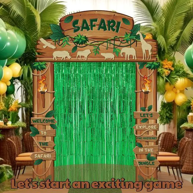 Alt view image 5 of 6 - 7 Pcs Safari Jungle Party Decor, Entryway Decor Photo Background | Rainforest Themed Party Porch Banners, Green Rug, Green Foil Fringe Backdrop Curtains, for Wild Animals Birthday