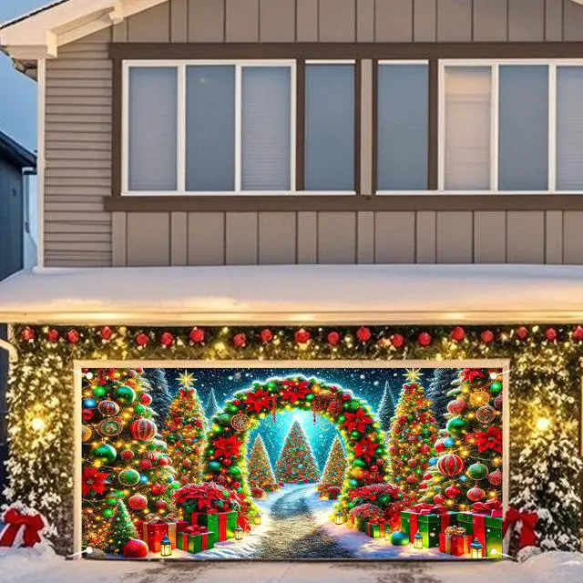 Alt view image 4 of 6 - Christmas Garage Door Cover 6x13 Ft Polyester Xmas | Holiday Decor, Festive Display, Garage Door Christmas Cover, Front Door Decor, Home, Party, Store (Tree Arch Pathway)