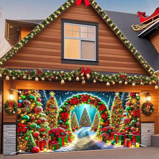 Alt view image 2 of 6 - Christmas Garage Door Cover 6x13 Ft Polyester Xmas | Holiday Decor, Festive Display, Garage Door Christmas Cover, Front Door Decor, Home, Party, Store (Tree Arch Pathway)