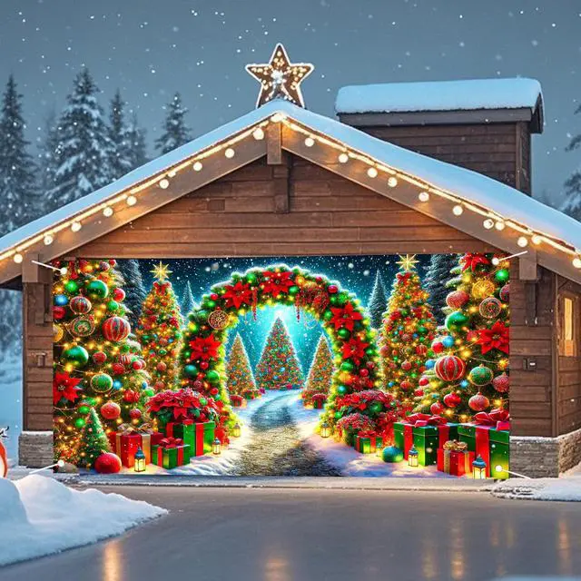Alt view image 6 of 6 - Christmas Garage Door Cover 6x13 Ft Polyester Xmas | Holiday Decor, Festive Display, Garage Door Christmas Cover, Front Door Decor, Home, Party, Store (Tree Arch Pathway)