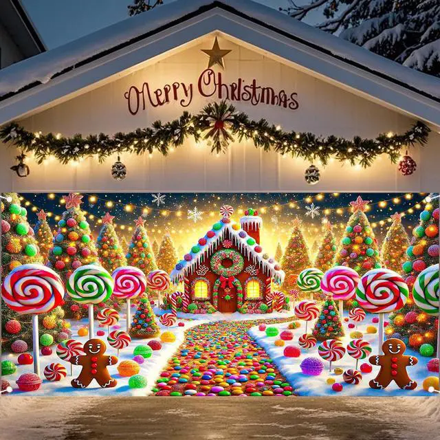 Main image of Christmas Garage Door Cover 6x13 Ft Polyester Xmas | Holiday Decor, Festive Display, Garage Door Christmas Cover, Front Door Decor, Home, Party, Store (Gingerbread Candy House)